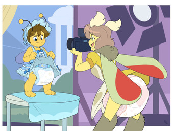 anthro bonnet butt camera clean_diaper clothed clothing crossdressing diaper duo embarrassed female headgear headwear male photo toddler young bubblepuppers arthropod bee hymenopteran insect lepidopteran moth hi_res
