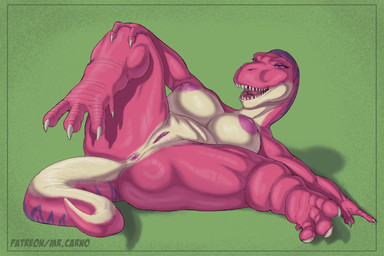 anthro anus areola big_breasts big_butt biped breasts butt claws countershading feet female finger_claws fingers genitals green_background humanoid_genitalia humanoid_hands humanoid_vulva leaning leaning_backward looking_at_viewer lying markings muscular muscular_anthro muscular_female navel nipples non-mammal_breasts non-mammal_navel non-mammal_nipples nude nude_anthro nude_female on_back open_mouth open_smile pink_body pose purple_areola purple_body purple_eyes purple_nipples seductive shadow simple_background smile solo spread_legs spreading tail tan_body tan_countershading text thick_thighs toes vulva wide_hips mr.carno dino_time tyra_(dino_time) dinosaur prehistoric_species reptile saurischian scalie theropod tyrannosaurid tyrannosauroid tyrannosaurus tyrannosaurus_rex 2025 3:2 artist_name hi_res pinup shaded url