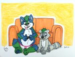 anthro clothed clothing diaper diaper_only duo eyebrows furniture gaming male male/male navel overweight overweight_male playing_video_game raised_eyebrow simple_background smile sofa tongue tongue_out topless underwear underwear_only watching_television wearing_diaper young young_anthro young_male pandapaco kazan_(kazan.k) canid canine canis mammal procyonid raccoon wolf 2017 4:3 signature traditional_media_(artwork)