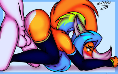 anal anal_penetration anthro balls blue_hair doggystyle duo femboy from_behind_position fur genitals green_hair hair male male/male male_penetrated male_penetrating male_penetrating_male orange_body orange_fur penetration penile penile_penetration penis penis_in_ass sex sleeves intaneloid benja_intaneto_(utau) ych_(character) canid canine fox mammal 16:10 hi_res widescreen