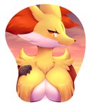 3d_mousepad anthro big_breasts boob_mousepad breast_curtains breasts chest_tuft eyelashes featureless_breasts female front_view fur half-closed_eyes looking_at_viewer mousepad_design narrowed_eyes orange_body orange_eyes orange_fur pupils shadow simple_background slit_pupils smile snout solo tuft white_background white_body white_fur yellow_body yellow_fur conditional_dnp crunchobar nintendo pokemon canid canine delphox generation_6_pokemon mammal pokemon_(species) 2018 bust_portrait digital_media_(artwork) hi_res portrait