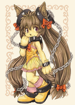 :3 anthro brown_hair chain chain_leash clothing collar dress female footwear fur hair kemono leash long_hair looking_at_viewer ribbons shoes short_dress solo yellow_body yellow_clothing yellow_dress yellow_footwear yellow_fur yellow_shoes young young_female kusomiso canid canine canis domestic_dog mammal 2010 hi_res japanese_description