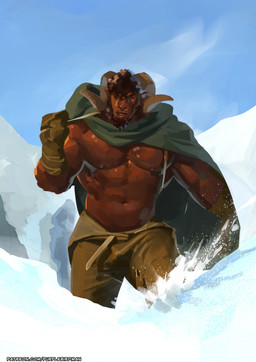 abs anthro arm_wraps brown_body cape chest_tuft cloak clothed clothing coat curled_horn curly_hair detailed_background duo facial_scar fantasy green_cape green_clothing green_topwear hair horn larger_male male muscular muscular_anthro muscular_male navel scar shirtless shirtless_anthro shirtless_male size_difference snow snowscape solo topwear tuft winter_clothing winter_coat wraps purplebirdman roshim_(purplebirdman) bovid caprine mammal sheep 2026 colored colored_sketch detailed digital_drawing_(artwork) digital_media_(artwork) hi_res shaded sketch