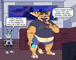 anthro belly big_belly bottomwear chubby_cheeks clothing controller dialogue duo electronics fur furniture game_controller half-closed_eyes hand_on_hip headgear headwear holding_controller holding_game_controller holding_object inside machine male narrowed_eyes navel obese obese_anthro obese_male open_mouth overweight overweight_anthro overweight_male playstation_button_symbol playstation_controller playstation_logo playstation_shirt shirt shorts sofa speech_bubble standing tail tail_tuft teeth television text tongue tongue_out topwear tuft basicbiscuit playstation ratchet_and_clank sony_corporation sony_interactive_entertainment clank_(ratchet_and_clank) ratchet_(ratchet_and_clank) lombax mammal robot 2020 english_text hi_res signature