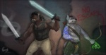 abs anthro arrow_(weapon) beard belt biceps black_hair black_nipples black_nose bottomwear bow_(weapon) brown_eyes brown_hair chest_tuft clothed clothing dual_wielding duo facial_hair fangs fighting_pose fur grey_eyes hair holding_melee_weapon holding_object holding_sword holding_weapon kilt male melee_weapon muscular nipples pants pattern_clothing paws pecs plaid plaid_clothing pose quiver_(object) ranged_weapon shirt simple_background sporran standing sword tank_top tartan_bottomwear tattoo teeth topless topwear tuft tusks weapon yellow_eyes frostypuppy canid canine canis mammal wolf