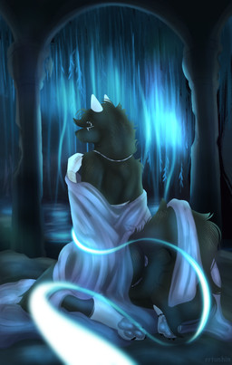 andromorph anklet anthro anus black_body black_fur bracelet butt claws clothed clothing detailed_background eye_scar eyebrow_piercing eyes_closed facial_piercing facial_scar fur genitals hair humanoid_genitalia humanoid_vulva intersex jewelry kneeling neck_tuft necklace partially_clothed partially_clothed_anthro pawpads paws piercing plant purple_clothing scar smile solo tail toe_claws topwear tree tuft vulva white_body white_fur ertonhin jason_shiro canid canine canis mammal wolf digital_media_(artwork) hi_res