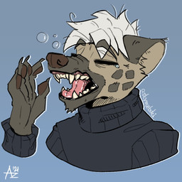anthro bodily_fluids bubble clothing ears_back eyes_closed hair male open_mouth pivoted_ears raised_hand solo sweater tears teeth teeth_showing tongue topwear white_hair yawn yawning_position mawkvlt kolya_yeen_(mawkvlt) hyena mammal 1:1 hi_res