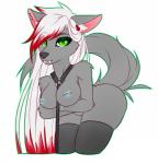 anthro breasts collar ear_piercing fangs female fluffy green_eyes hair long_hair looking_at_viewer nipple_piercing nipples piercing simple_background smile solo teeth white_background raykayra cam canid canine canis mammal wolf 2016 absurd_res digital_media_(artwork) flat_colors hi_res