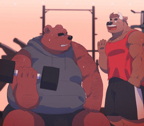 anthro bodily_fluids bottomwear brown_body brown_fur clothing duo exercise fur gym hoodie kemono male musclegut muscular overweight overweight_male shirt shorts sitting sweat topwear workout arufina_w bear bovid bovine cattle mammal 2021 hi_res