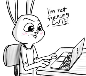 anthro bite biting_lip blush chair computer electronics female frown furniture laptop on_chair simple_background sitting sitting_on_chair solo text white_background humantrashmachine disney zootopia judy_hopps lagomorph leporid mammal rabbit english_text sketch