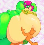 ambiguous_gender anthro belly belly_squish big_belly blush breasts duo eyelashes face_on_belly female fur green_body green_fur hair hands_behind_head heart_symbol huge_belly larger_anthro larger_female love_handles obese obese_anthro obese_female overweight overweight_anthro overweight_female pink_hair size_difference smaller_ambiguous smaller_anthro smile squish plushclover clover_bearclaw bear mammal 2022 hi_res