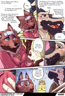 2_horns anthro antlers beard big_breasts biped black_beard black_body black_facial_hair black_fur black_markings black_nose blush blush_lines bodily_fluids breasts brown_hair cheek_tuft cleavage clothed clothing countershade_face countershade_fur countershade_torso countershading dialogue duo eyebrows eyewear facial_hair facial_tuft female frown fur glasses gloves_(marking) grey_body grey_fur group hair horn looking_away male markings medium_breasts neck_tuft open_mouth pink_clothing pink_shirt pink_topwear round_glasses scared shirt short_hair simple_background speech_bubble sweat sweater teeth text tongue topwear trio tuft turtleneck wearing_glasses white_body white_countershading white_fur yellow_clothing yellow_sweater yellow_topwear canisfidelis amy_(canisfidelis) eliza_(canisfidelis) canid canine deer mammal maned_wolf new_world_deer reindeer sergal 2025 absurd_res comic english_text hi_res