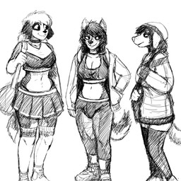 anthro big_breasts bottomwear breasts bulge cheerleader cleavage clothed clothing ear_piercing facial_piercing female footwear group gynomorph hair hat headgear headwear intersex jacket legwear lip_piercing midriff navel pants piercing shoes shoulder_bag skirt smile socks thigh_highs topwear yoga_pants hladilnik lilly_(hladilnick) michelle_(hladilnik) samantha_thott canid canine canis domestic_dog mammal 1:1 black_and_white hi_res monochrome trans_(lore) trans_woman_(lore)