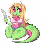 anthro big_breasts blonde_hair bottomwear breasts cleavage cleavage_cutout clothed clothing cutout female green_body green_scales hair heart_eyes heart_symbol keyhole_turtleneck knife long_hair multicolored_body multicolored_scales navel non-mammal_breasts pink_body pink_eyes pink_scales scales shorts simple_background smile solo sweater thick_thighs topwear turtleneck two_tone_body two_tone_scales white_background wide_hips matzzacre matz alligator alligatorid crocodilian reptile scalie