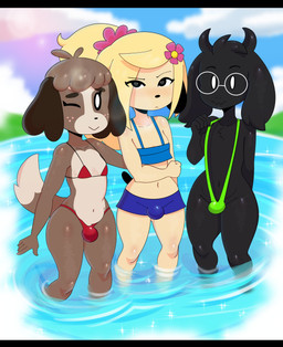 anthro bikini black_body black_fur blonde_hair blush bulge butt clothed clothing crossdressing eyewear femboy fur glasses glistening glistening_body glistening_clothing group hair long_hair male one-piece_swimsuit smile swimming_pool swimwear two-piece_swimsuit somescrub animal_crossing deltarune nintendo parappa_the_rapper sony_corporation sony_interactive_entertainment undertale_(series) digby_(animal_crossing) parappa parappa_the_trappa ralsei bovid canid canine canis caprine darkner domestic_dog goat mammal shih_tzu toy_dog 2018 absurd_res digital_media_(artwork) hi_res