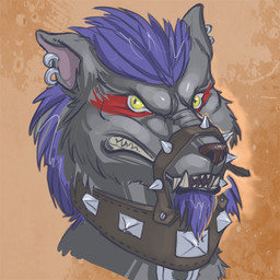 accessory ambiguous_form angry anthro bdsm beard bodypaint bondage bound clenched_teeth collar ear_piercing ears_back face_paint facial_hair fangs fur glare grey_body grey_fur hair leather looking_at_viewer male mane markings muzzle_(object) muzzled open_mouth piercing pivoted_ears purple_hair purple_mane red_markings simple_background snarling snout solo spiked_collar spikes teeth white_markings wrinkles yellow_eyes spiritraptor mythology graafen_blackpaw canid canine mammal mythological_canine mythological_creature werecanid werecanine werecreature werewolf 1:1 icon