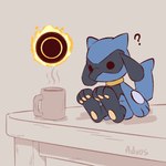 3_fingers 3_toes ambiguous_gender anthro biped black_eyes blue_body blue_fur blue_tail container cup feet fingers front_view fur mug nude nude_ambiguous nude_anthro pawpads paws question_mark sitting solo steam tail toes advos nintendo pokemon generation_4_pokemon pokemon_(species) riolu 1:1 signature