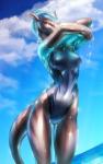 2015 anthro aquatic_dragon biped blue_hair breasts brown_body brown_scales clothed clothing clothing_lift cloud dragon equus female glistening hair hi_res long_torso marine mythological_creature mythological_scalie mythology non-mammal_breasts one-piece_swimsuit outside purple_eyes raised_clothing raised_shirt raised_topwear scales scalie sea seaside shirt shirt_lift sky small_waist solo sport_swimsuit standing swimwear tail tight_clothing topwear water wet