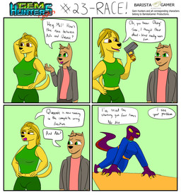 clothing deaf dialogue female gun jacket keikogi male martial_arts_uniform mel_(gem_hunters) ranged_weapon shirt sportswear standing starting_line tank_top text topwear weapon baristagamerproductions ada_(gem_hunters) alfonso_(gem_hunters) absurd_res comic english_text hi_res