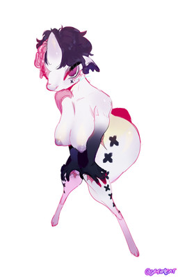 anthro big_breasts bird's-eye_view black_hair blush blush_lines blush_stickers brain brain_matter breasts candy_gore creepy_cute crouching female glistening glistening_body gore gore_focus hair high-angle_view horn kemono looking_at_viewer nipples nude organs painless_gore purple_body purple_nipples red_eyes scar simple_background solo thick_thighs white_background white_body grimeat house_dragon absurd_res hi_res