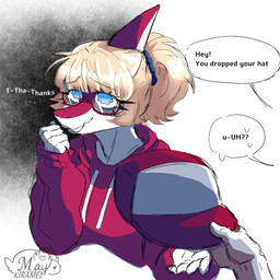 alternate_costume alternate_universe ambiguous_gender anthro blonde_hair blue_eyes bone_frill clothed clothed_anthro clothed_female clothing dialogue disembodied_hand duo eyebrow_through_hair eyebrows eyewear female fingers fist frill_(anatomy) glasses hair hat headgear headwear holding_clothing holding_hat holding_headgear holding_headwear holding_object hoodie humanoid_hands logo long_hair multicolored_body nervous rectangular_glasses red_body red_clothing red_hoodie red_topwear shy smile speech_bubble talking_to_another text topwear translucent translucent_hair two_tone_body white_body may_kiramel cavemanon_studios i_wani_hug_that_gator mia_moretti dinosaur hadrosaurid human mammal ornithischian ornithopod parasaurolophus prehistoric_species reptile scalie 1:1 absurd_res artist_logo artist_name colored english_text hi_res shaded watermark