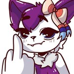 anthro big_ears black_nose blue_eyes blush blush_lines bow_ribbon cheek_tuft cute_fangs eyebrows eyelashes facial_tuft fangs femboy fur gesture glistening glistening_body glistening_eyes hand_gesture head_tuft looking_at_viewer male middle_finger neck_tuft purple_body purple_fur raised_eyebrows simple_background smug solo teeth tuft white_background white_body white_fur alexander_sunkiss nintendo pokemon nino_(nin10dope) braixen canid canine fennec_fox fox generation_6_pokemon hybrid mammal pokemon_(species) shiny_pokemon true_fox 1:1
