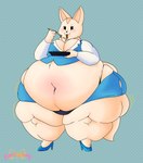 anthro belly belly_overhang big_belly blush breasts chopsticks cleavage clothed clothing eating female food morbidly_obese navel noodles obese obese_anthro obese_female overweight overweight_anthro overweight_female ramen simple_background standing tight_clothing torn_clothing vulpgulps aggretsuko sanrio fenneko canid canine fennec_fox fox mammal true_fox 2022 absurd_res hi_res signature