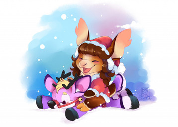 anthro bell bell_harness biped blonde_hair brown_body brown_fur brown_hair chibi christmas_clothing christmas_headwear christmas_topwear clothing duo eyes_closed female fur hair harness hat headgear headwear holidays jingle_bell jingle_bell_harness long_ears long_hair male open_mouth open_smile plushie purple_body purple_fur santa_hat seam_(sewing) smile snow stitch_(sewing) tan_body tan_fur text topwear white_body white_fur madshy christmas flynn_(flynnbuck) honey_(fsmaverick) deer hybrid lagomorph leporid mammal rabbit 2020 artist_name dated watermark