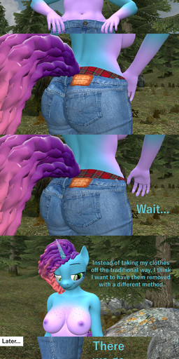 anthro areola bottomwear breasts butt clothed clothing denim denim_bottomwear denim_clothing detailed_background dialogue exhibitionism eyelashes female footwear forest freckled_breasts freckled_face freckles horn intentional intentional_undressing jeans long_eyelashes navel nipples outside panties pants pattern_bottomwear pattern_clothing pattern_panties pattern_underwear plaid plaid_bottomwear plaid_clothing plaid_panties plaid_underwear plant rock solo stick string text thread topless tree underwear undressing papadragon69 hasbro mlp_g5 my_little_pony mythology misty_brightdawn_(mlp) equid equine horse mammal mythological_creature mythological_equine pony unicorn 3d_(artwork) absurd_res comic digital_media_(artwork) english_text hi_res long_image tall_image