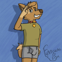 anthro black_eyes blue_background blue_text boxer_briefs brown_body brown_fur brown_hair brown_nose bulge clothing collar detailed_background fur gesture green_clothing green_shirt green_t-shirt green_topwear grey_boxer_briefs grey_clothing grey_underwear hair male open_mouth open_smile pantsless_anthro pantsless_male salute shirt simple_background smile solo t-shirt teeth_showing text topwear underwear flamsical_fox matt_riskely canid canine canis domestic_dog mammal 1:1 english_text hi_res signature