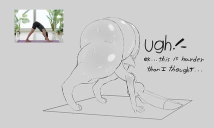 5_fingers ambiguous_gender anthro big_butt biped black_text bodily_fluids bottomwear butt clothed clothing dialogue ellipsis exclamation_point fingers fur grey_background huge_butt paws pose scut_tail short_tail simple_background solo sweat sweatdrop tail talking_to_self text thick_thighs topless yoga yoga_mat mamimibuns 2024_pokemon_gigaleak beta_pokemon_games nintendo pokemon beta_pokemon_(species) lagomorph mammal warabbit 2024 english_text