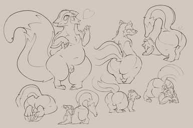 all_fours anthro ass_up balls big_butt butt cheek_tuft claws eyes_closed facial_tuft femboy fur genitals gesture heart_symbol knock-kneed looking_at_viewer male multiple_poses navel open_mouth penis pose raised_tail slightly_chubby slightly_chubby_anthro slightly_chubby_male small_penis solo stretching tail tuft waving waving_at_viewer whisker_spots pinnipip pinnip_(pinnipip) badger hybrid mammal mephitid mustelid musteline skunk hi_res monochrome