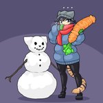 anthro blue_eyes blue_hair breath carrot clothed clothing ellipsis female food hair handwear mittens plant scarf snowman solo stripes tail vegetable winter_clothing limebreaker julia_(apizzatrash) equid equine felid horse hybrid mammal pantherine tiger 1:1 hi_res