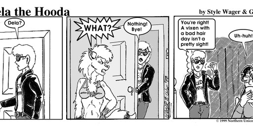angry anthro belt bra breasts clothed clothed_female clothed_male clothing dialogue dipstick_tail eyewear female fur glasses gloves_(marking) group hair inside jacket male markings navel open_clothing open_jacket open_topwear sunglasses tail tail_markings text topwear trio underwear style_wager dela_the_hooda dela_aldershaw jake_mcross sue_chan_(dela_the_hooda) canid canine fox hooda human mammal 1999 comic english_text greyscale monochrome