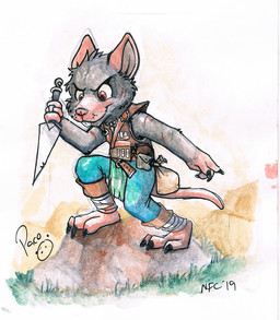 anthro barefoot black_claws blue_bottomwear blue_clothing blue_pants bottomwear brown_clothing brown_topwear claws closed_smile clothed clothing dagger feet fur grass grey_body grey_fur holding_dagger holding_melee_weapon holding_object holding_weapon logo male male_anthro melee_weapon mouth_closed outside pants pink_body pink_ears pink_nose pink_skin pink_tail plant red_eyes rock smile solo standing tail topwear weapon whiskers young young_anthro young_male pandapaco mammal murid murine rat rodent 2019 artist_logo dated signature