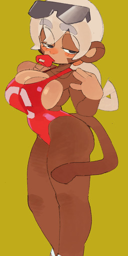 accessory anthro big_breasts biped black_eyes breasts brown_body brown_fur cleavage cleavage_overflow clothed clothing eyebrow_through_hair eyebrows eyelashes eyewear female footwear fur glistening glistening_clothing hair hair_accessory hair_tie half-closed_eyes narrowed_eyes one-piece_swimsuit ponytail red_clothing red_swimwear round_ears sandals shoes side_boob simple_background solo standing sunglasses swimwear tail tan_body thick_eyebrows translucent translucent_hair whistle_(object) white_hair yellow_background wamudraws bloons_tower_defense ninja_kiwi admiral_brickell lifeguard_brickell haplorhine mammal monkey primate 2023 hi_res