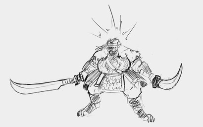 anthro clothed clothing female female_anthro front_view headgear headwear holding_melee_weapon holding_object holding_sword holding_weapon melee_weapon obscured_eyes open_mouth overweight overweight_anthro overweight_female simple_background solo standing sword weapon wide_stance jezzlen mollie_(jezzlen) canid canine canis domestic_dog mammal full-length_portrait hi_res monochrome portrait sketch