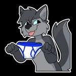 anthro black_nose blep blue_eyes blue_seam_briefs briefs clothing countershade_face countershade_neck countershade_tail countershade_torso countershading fur grey_body grey_fur head_tuft holding_clothing holding_object holding_underwear looking_at_viewer male pink_tongue snaggle_tooth solo sticker tail telegram_sticker tongue tongue_out tuft underwear white_briefs white_clothing white_underwear nowandlater zach_the_wolf canid canine canis mammal wolf 1:1 alpha_channel