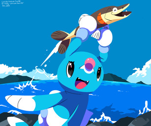 ambiguous_gender black_eyes blue_body brown_body cloud duo eyelashes fangs feral fin looking_at_another open_mouth rock sea sky teeth tongue water sleepy_sealion nintendo pokemon aquatic arrokuda brionne fish generation_7_pokemon generation_8_pokemon pokemon_(species) 2025 6:5 dated hi_res signature