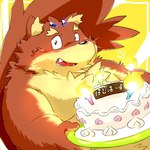 anthro belly birthday_cake black_nose blush brown_body cake cute_fangs dessert fangs food humanoid_hands kemono male overweight overweight_male solo teeth text conoji incubus! ink_incuberia canid canine mammal 1:1 2014 japanese_text