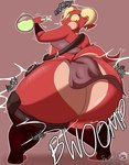 anthro big_butt bottomless butt butt_expansion clothed clothing expansion female flat_chested huge_butt hyper hyper_butt looking_at_own_butt looking_back onomatopoeia potion potion_bottle red_background red_body shocked short_stack simple_background solo sound_effects text thick_thighs masterj291 kobold scalie 2024 digital_media_(artwork) hi_res