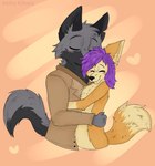 anthro black_body black_fur blep blush clothed clothing countershading duo eyes_closed fur grey_body grey_fur hair heart_symbol hug hugging_another male male/male orange_body orange_fur purple_hair reverse_countershading simple_background smile tail tongue tongue_out yellow_body yellow_fur kittykittenz arturo_wolff canid canine canis fennec_fox fox mammal true_fox wolf half-length_portrait hi_res portrait