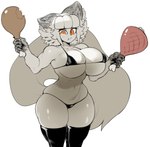 anthro big_breasts big_tail bikini breasts clothing eating female food fur hair huge_breasts huge_thighs looking_at_viewer meat orange_eyes simple_background solo standing swimwear tail thick_thighs two-piece_swimsuit white_body white_fur white_hair wide_hips cibastion catmaid_(cibastion) domestic_cat felid feline felis mammal