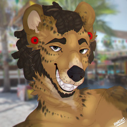 anthro beard bedroom_eyes black_nose brown_beard brown_body brown_facial_hair brown_fur brown_hair dreadlocks facial_hair fur grin hair half-closed_eyes looking_at_viewer male narrowed_eyes outside palm_tree photo_background plant red_ear_piercing seductive smile solo teeth tree whiskers nonksoit jronstfari euplerid fanaloka mammal 1:1 bust_portrait colored digital_drawing_(artwork) digital_media_(artwork) hi_res icon mixed_media photography_(artwork) portrait