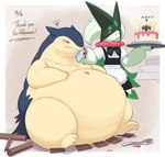 anthro blush broken_chair cake clothing crumbs dessert duo embarrassed food holding_plate maid_uniform napkin obese obese_anthro overweight overweight_anthro uniform weight_gain gomuhimo nintendo pokemon generation_2_pokemon generation_9_pokemon meowscarada pokemon_(species) typhlosion 2025