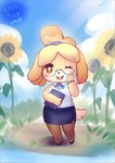 anthro black_nose blonde_hair blush book bottomwear clothing day eyewear female flower fur glasses hair legwear looking_at_viewer one_eye_closed open_mouth outside pantyhose plant skirt sky smile solo standing sunflower wink yellow_body yellow_fur ni_jikan animal_crossing nintendo isabelle_(animal_crossing) canid canine canis domestic_dog mammal hi_res