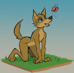 4_toes all_fours anthro bent_legs big_nipples black_eyebrows blue_background blue_eyes brown_body brown_claws brown_ears brown_fur brown_nipples brown_nose brown_tail brown_tuft casual_nudity cheek_tuft claws countershade_face countershade_fur countershade_neck countershade_torso countershading digitigrade eyebrows facial_tuft feet female female_anthro finger_claws fingers flat_chested fur fur_tuft gradient_background grass grey_background head_tuft inner_ear_fluff iris loli looking_up multicolored_body multicolored_fur nipples nude on_grass on_ground open_mouth open_smile outdoor_nudity outside plant pointy_ears prick_ears pupils simple_background slim slim_anthro slim_female smile snout solo straight_arms tail tan_body tan_countershading tan_fur tan_inner_ear tan_inner_ear_fluff tan_tuft tasteful_nudity teeth three-quarter_view toe_claws toes tuft two_tone_body two_tone_fur white_sclera young young_anthro young_female katlek taylor_knight ambient_arthropod ambient_butterfly ambient_insect canid canine canis coyote mammal colored full-length_portrait hi_res portrait
