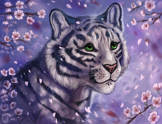 ambiguous_gender black_lips blue_body blue_fur blue_stripes blurred_background day detailed_fur feral flower front_view fur green_eyes inner_ear_fluff leucistic lips long_mouth looking_up outside pink_nose plant shadow side_view smile snout solo stripes tuft whiskers white_body white_fur wind flashw marvol_(marvol) felid mammal pantherine tiger 2017 bust_portrait detailed digital_media_(artwork) digital_painting_(artwork) painting_(artwork) portrait