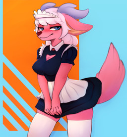 2_horns abstract_background anthro big_breasts blue_eyes blush breasts brown_nose cleavage cleavage_cutout clothed clothing clothing_lift cutout dress dress_lift eyelashes female fingers floppy_ears freckles front_view frown fur grey_horn hair half-closed_eyes horn iris legwear looking_at_viewer maid_uniform monotone_body monotone_fur narrowed_eyes pink_body pink_ears pink_fur pink_tail pupils snout solo stockings tail tan_inner_ear three-quarter_view uniform white_clothing white_hair white_legwear white_stockings derpyrider marshmallow_fluff_(character) canid canine mammal digital_media_(artwork) hi_res portrait three-quarter_portrait