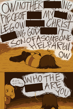 ambiguous_gender anthro asking asking_another asking_for_status asking_who blush calling_for_help censor_bar censored_text clothed clothing dialogue duo footwear hair humor lying male on_side parody profanity question shoes speech_bubble standing talking_to_another text wounded yelling yes-no_question zarla undertale undertale_(series) asriel_dreemurr chara_(undertale) boss_monster_(undertale) bovid caprine goat human mammal 2015 2:3 aliasing censored comic digital_media_(artwork) english_text monochrome